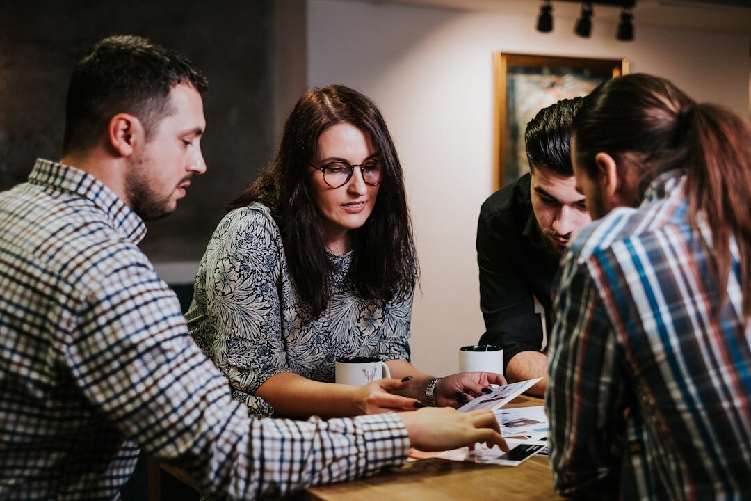 team discussing strategy in office